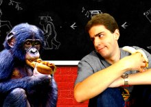 Monkey with hot dog and man with Banana - Evolution parody image
